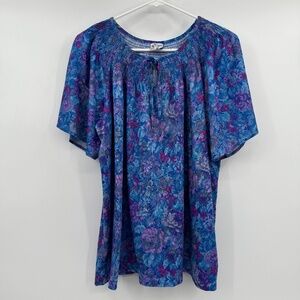 Tiger Lily Top Women 22W Blue Purple Floral Vintage Peasant Prairie Cottgecore